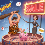 Comic scene of Caveman Carl and Professor Penelope arguing over money inside a person's head.