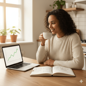 A young woman smiles calmly at her laptop, feeling confident and financially secure thanks to her robust emergency savings plan.