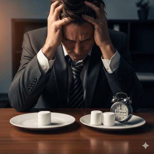 An adult version of the marshmallow test, highlighting the difficulty of delayed gratification for long-term goals like retirement.