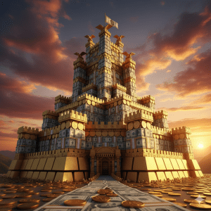 A fortress made of coins and money symbolizing a strong, multi-tiered emergency fund providing financial security.